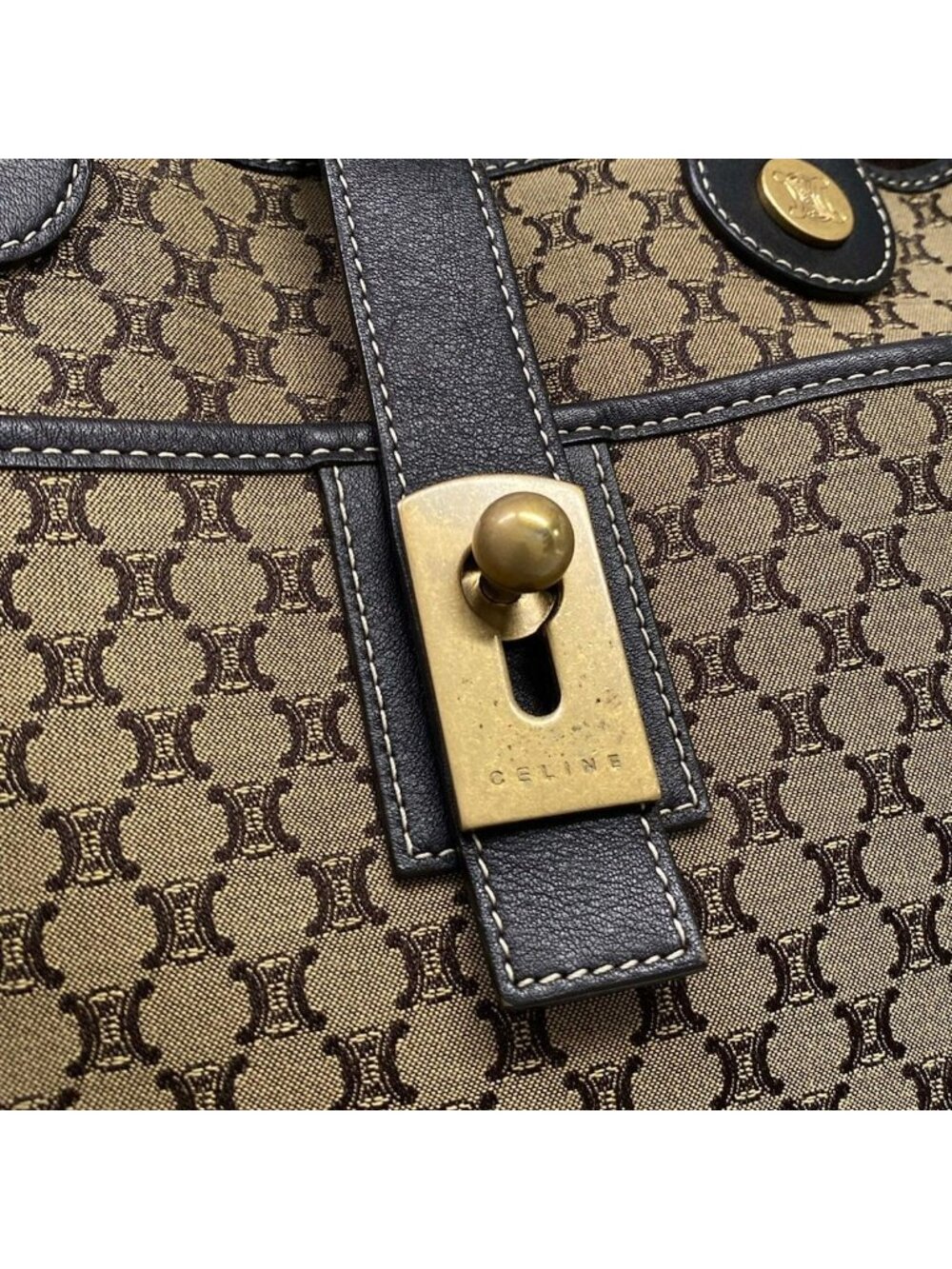 Celine Tote Macadam Pattern Dark Brown Beige Leather - Picture 11 of 15